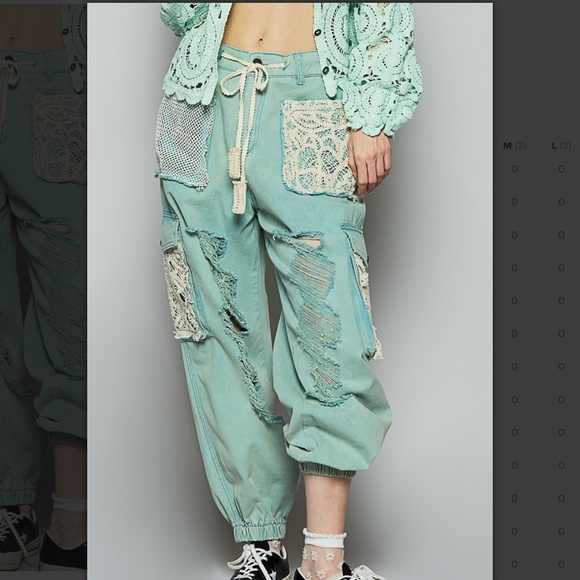 POL Pants - POL “ Kalispell 2”  POL Distress Cargo Jean Jogger with Crochet Lace 66